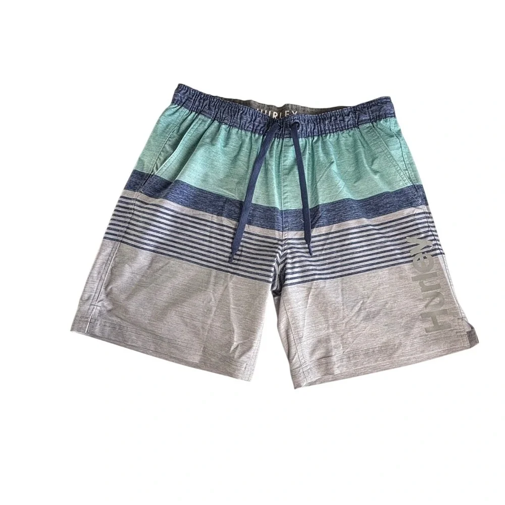 Hurley Mens‎ XL Board Shorts Striped Teal Grey Swim Trunks Mesh Liner Drawstring